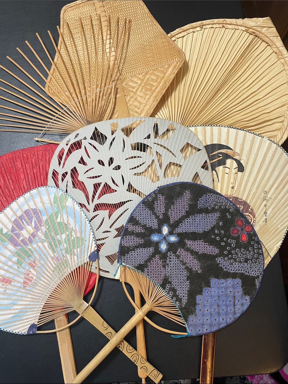 Vintage Lot of Assorted  fans 8 total all different shapes, sizes & colors